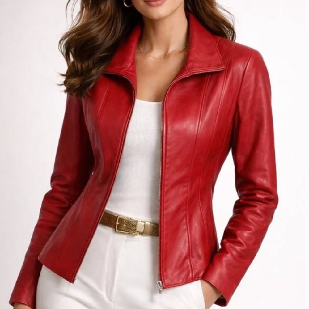 Avanti Red Sculpted Leather Zip Jacket